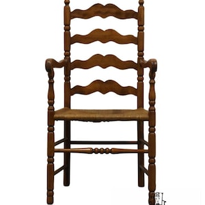 TELL CITY Solid Hard Rock Maple Colonial Early American Ladderback Dining Arm Chair w. Rush Seat