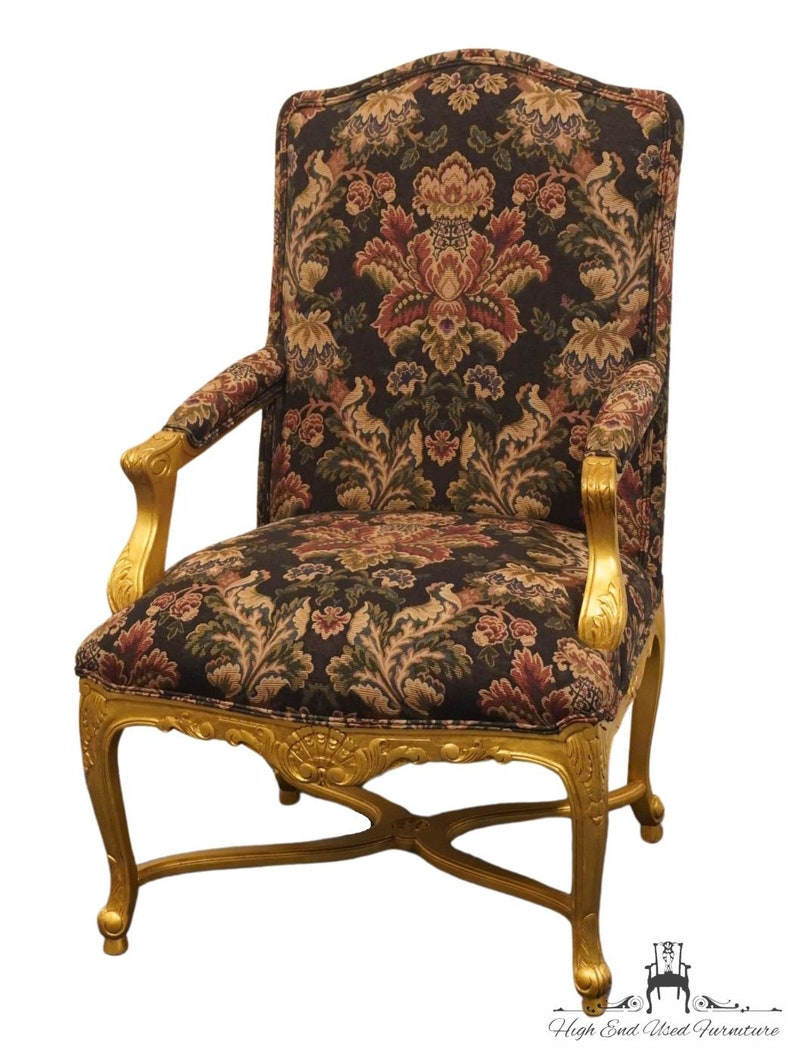 HENREDON FURNITURE Louis XV French Provincial Floral Upholstered Accent Arm Chair w. Gold Painted Frame image 2