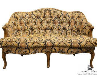 VINTAGE ANTIQUE Country French Provincial 52" Tufted Damask Upholstered Loveseat Sofa / Settee