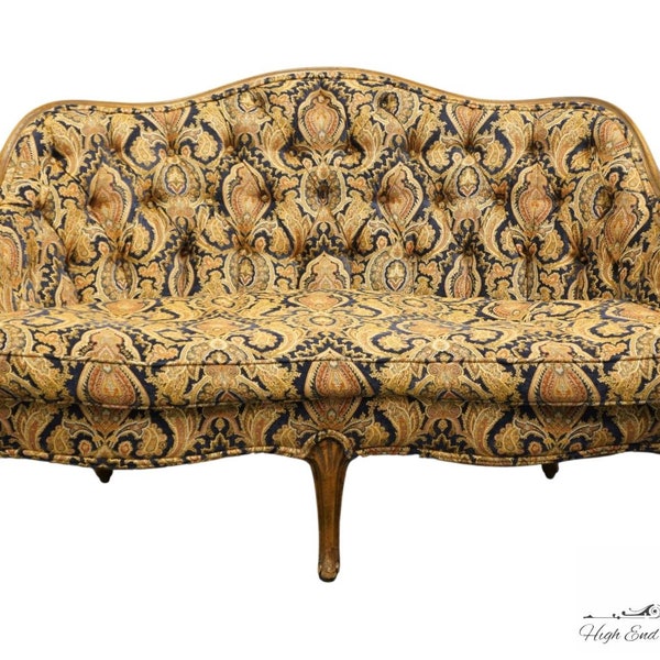 VINTAGE ANTIQUE Country French Provincial 52" Tufted Damask Upholstered Loveseat Sofa / Settee
