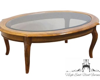 ETHAN ALLEN Country French Collection Solid Birch 48" Accent Oval Coffee Table w. Amber Glass Top 26-8301