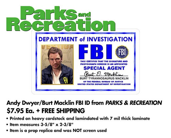 Parks and Recreation Andy Dwyer / Burt Macklin FBI ID Badge | Etsy