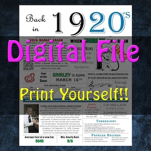 1920-1929 Personalized History Poster, 1920's History - DIGITAL FILE!!