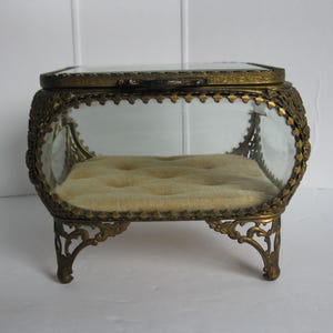 Antique Victorian Ormolu Filigree Jewelry Box Trinket Box Jewelry Casket Beveled Glass