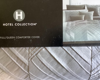 Hotel Collection, Full Queen, PIN TUCK PLEATED  Duvet, Comforter, Cover, Silver, Gray Charcoal New in Package