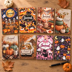 Puede incluir: Ocho diarios rectangulares con diversos temas de otoño y Halloween, incluyendo esqueletos, calabazas, dulces, gatos negros, fantasmas y un camión antiguo, todos con la palabra Journal impresa en las portadas.