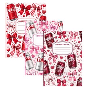 May include: Three composition books featuring a repeating pattern of soda cans, red and pink bows, and hearts. The covers display the text "COMPOSITION BOOK" with lines for writing. The designs include Coca-Cola, Diet Coke, and Dr Pepper branding.