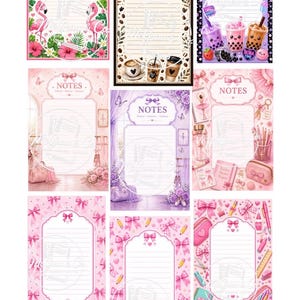 Può includere: Una collezione di otto fogli per appunti rettangolari con vari temi tra cui fenicotteri, caffè, tè boba, danza classica e fiocchi rosa. Ogni foglio presenta uno spazio di scrittura a righe, bordi decorativi e testi stampati come Be a Flamingo e Notes.
