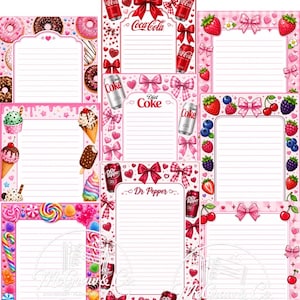 Può includere: Una collezione di otto fogli di carta da lettere rettangolari con aree di scrittura a righe. I disegni includono lattine di Coca-Cola, Diet Coke e Dr Pepper, vari ciambelle, coni gelato, bacche, caramelle colorate e fiocchi rosa.