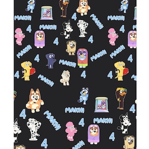 以下が含まれることがあります： 黒い背景に、BlueyとFriendsのキャラクター、数字の4、白い文字で「MAKHI」がパターン化されています。「150 PC BLUEY AND FRIENDS CONFETTI」というテキストが上部にあります。