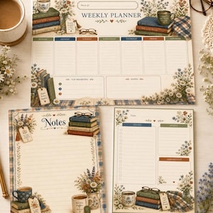 May include: A weekly planner, a notes pad, and a to-do list pad featuring floral illustrations, stacks of books, and coffee mugs. The stationery set includes lined sections for daily planning, top priorities, notes, and to-do lists with a cream background.