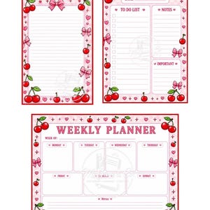 Puede incluir: Un conjunto de tres hojas de papelería con un diseño de cerezas y lazos en rosa y rojo. Los artículos incluyen un bloc de notas con líneas, una lista de tareas con fecha y notas, y un planificador semanal con secciones de lunes a domingo.