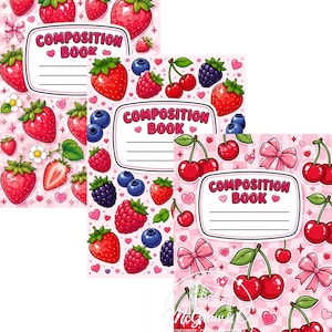 May include: Three composition books featuring a pink background with a repeating pattern of strawberries, cherries, blueberries, blackberries, and pink bows. Each book has a central white label with the text COMPOSITION BOOK and lines.