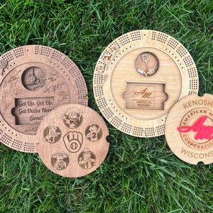 Laser Engraved Cribbage Board | Customizable 10 Inch Circle with Images, Text & Logos | Personalized Pegs for Game Night