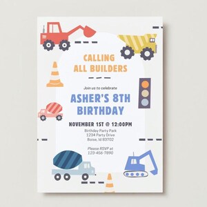 Uitnodiging voor verjaardagsfeestje bouw: aanpasbaar, afdrukbaar (digitale download pdf-sjabloon van 5 x 7 inch)