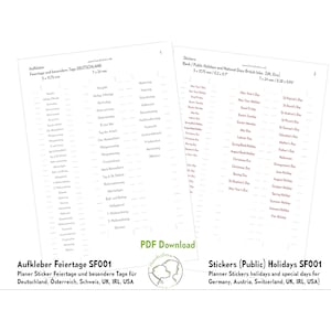 Könnte beinhalten: Zwei Blätter mit Aufklebern für einen Planer. Das linke Blatt ist auf Deutsch und listet Feiertage und besondere Tage für Deutschland auf. Das rechte Blatt ist auf Englisch und listet Bank- und Feiertage für Großbritannien und Irland auf. Beide Blätter sind weiß mit schwarzem Text und messen 7,62 cm x 30,86 cm.