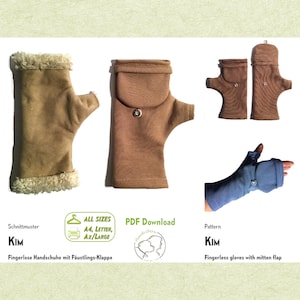 Mönster för fingerlösa handskar KIM, valfri vanteklaff. 5 storlekar. PDF