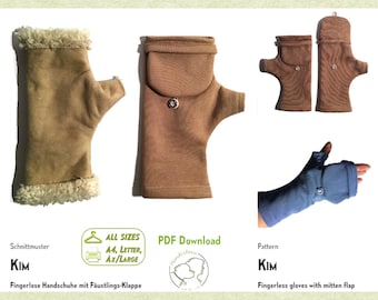 Fingerless glove sewing pattern KIM, optional mitten flap. 5 sizes. PDF