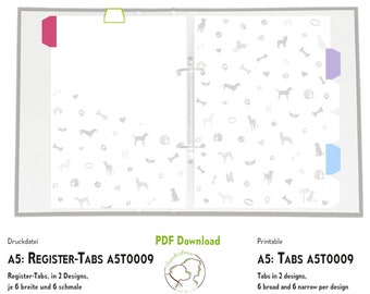 A5 tabs for registers, dividers, dashboards colorful A5T0009. In 2 designs, each 6 wide and 6 narrow . PDF file, download