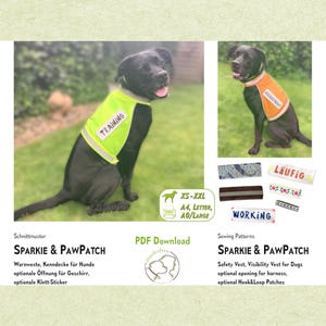 Könnte beinhalten: Ein schwarzer Hund trägt eine neongelbe "TRAINING"-Weste und eine orangefarbene "ASSISTENT"-Weste. Das Bild zeigt auch verschiedene Patches, darunter "WORKING" und "Läufig", sowie eine PDF-Download-Grafik für Hunde-Sicherheitswesten.