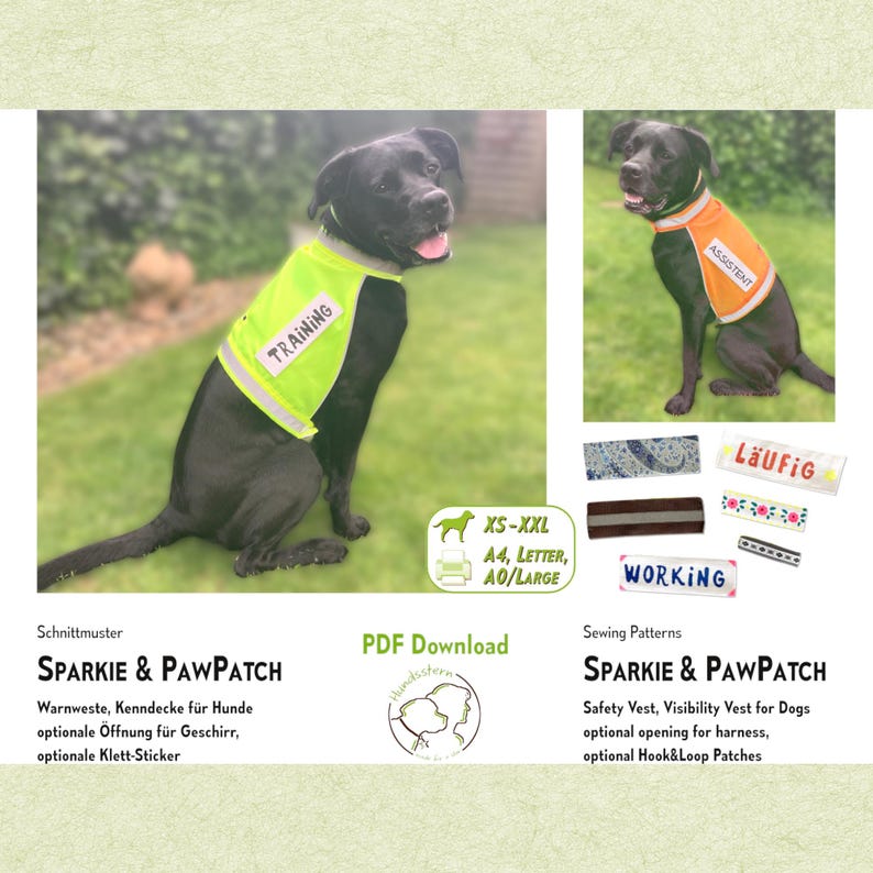Pu&ograve; includere: Un cane nero con un giubbotto giallo neon "TRAINING" e un giubbotto arancione "ASSISTENT". L'immagine mostra anche varie toppe, tra cui "WORKING" e "L&auml;ufig", e una grafica di download PDF per giubbotti di sicurezza per cani.