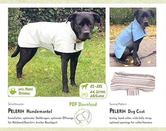 Cartamodello per cappotto per cani PELERIN, impermeabile, cappotto di transizione, giacca per cani. 6 taglie XS–XXL, lunghezza schiena 25–85 cm (9,8–33,5”). pdf