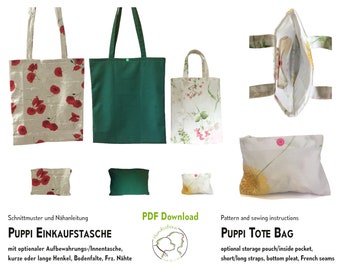 Shopping bag sewing pattern PUPPI, storage/inner pocket, 2 sizes. PDF