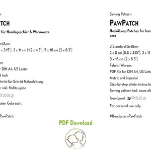 Pu&ograve; includere: Documento PDF bianco con il testo "PawPatch" e istruzioni per toppe a strappo per imbracatura o giubbotto di sicurezza. Include dimensioni di 2 x 8 cm, 3 x 11 cm e 5 x 16 cm. Include anche il testo "PDF Download".
