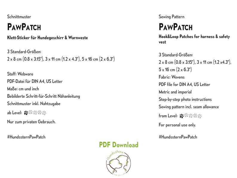 Pu&ograve; includere: Documento PDF bianco con il testo "PawPatch" e istruzioni per toppe a strappo per imbracatura o giubbotto di sicurezza. Include dimensioni di 2 x 8 cm, 3 x 11 cm e 5 x 16 cm. Include anche il testo "PDF Download".