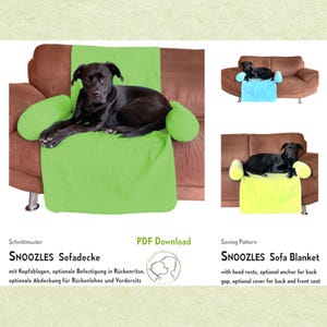 Sofadecke Schnittmuster SNOOZLES, Hundesofadecke mit Kopfablage, Sofaschutz Hund. PDF-Download