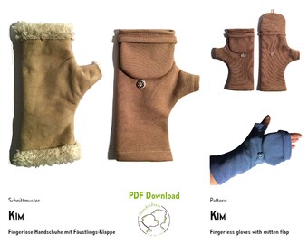 Fingerless gloves pattern KIM, optional mitten flap. 5 sizes. PDF