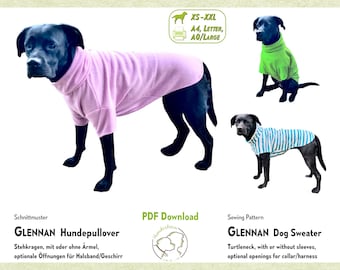Cartamodello per maglione per cani GLENNAN, con o senza maniche, 6 taglie XS–XXL, lunghezza schiena 25–85 cm (9,8–33,5”). Download PDF.
