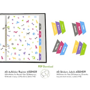 Könnte beinhalten: Ein Satz bunter, hunde-motivierter A5-Registerkarten mit dem Text "A5: Aufkleber Register A5S01029 118 Aufkleber für Register-Tabs (23 Kategorien, 12 Monate in Lang- und Kurzform, Zahlen 1-12)" und "PDF Download".