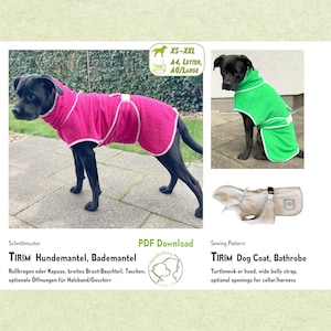 Dog coat/bathrobe sewing pattern TIRIM, all sizes XS-XXL, back length 25-85 cm, adjustable. PDF. Update Nov 2025