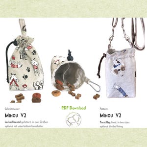 Patrón de costura para bolsa de golosinas MINOU V2. Disponible en dos tamaños y con dos compartimentos. PDF