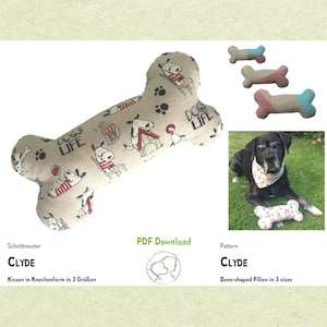 CLYDE cuddly pillow sewing pattern in a bone shape. In 3 sizes. PDF