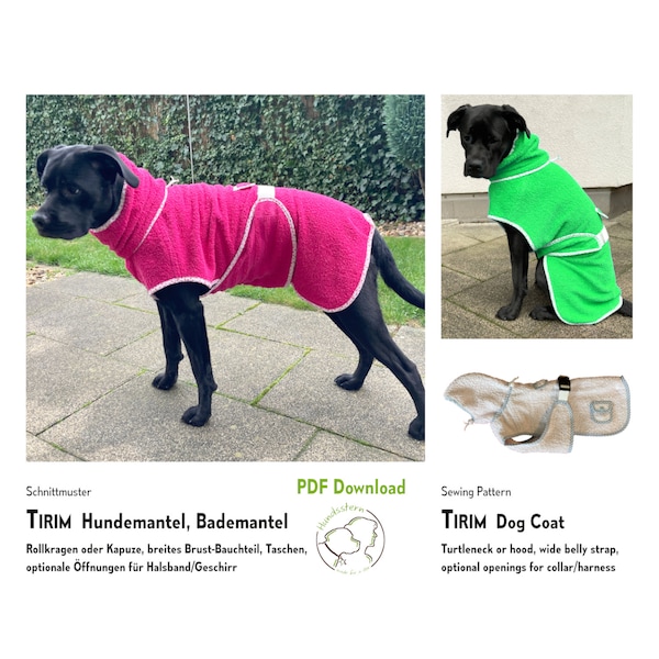 Dog coat bathrobe sewing pattern TIRIM, XS-XXL, back 25-85 cm. pdf