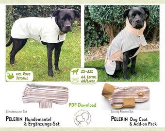 Cartamodello per cappotto per cani PELERIN, set completo per cappotto/impermeabile per tutte le stagioni + set supplementare, taglie XS-XXL, lunghezza schiena 25-85 cm (9,8-33,5"). pdf