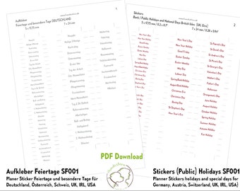 Planner stickers holidays and special days for Germany, Austria, Switzerland, UK, IRL, USA in German & English. pdf-File, Download
