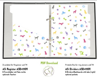 A5 Register, Divider, Dashboards Dog Icons colorful A5D41109. 6 separator sheets with tabs on the right, 6 pockets. PDF file, download