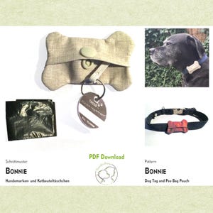 Dog tag pouch sewing pattern BONNIE, bone shape 5 x 8 cm (2 x 3.15"), with key ring, noiseless, gift for dog owners. PDF