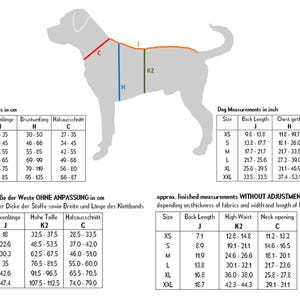 Pu&ograve; includere: Diagramma con sagoma di cane e guide di misurazione in cm e pollici. Include misure di lunghezza della schiena, circonferenza del torace e apertura del collo per varie taglie di cane, dalla XS alla XXL. Mostra anche le misure finite.