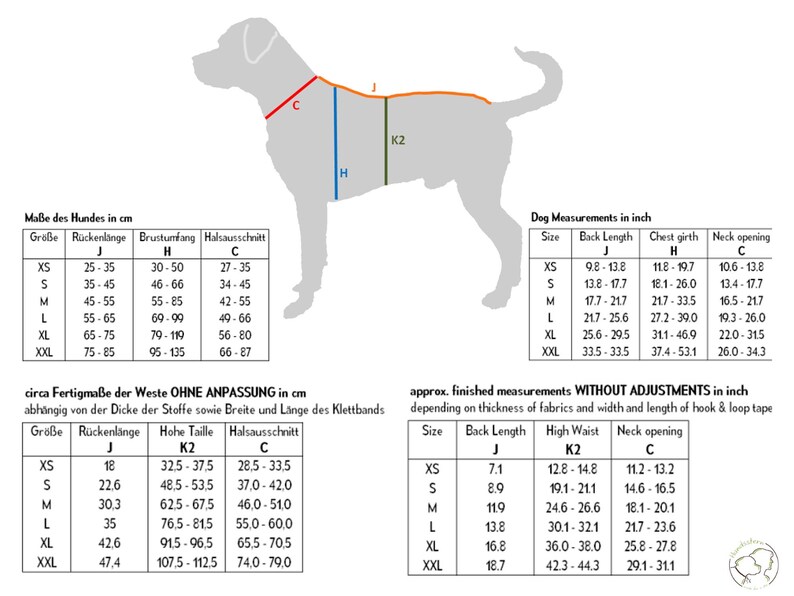 Pu&ograve; includere: Diagramma con sagoma di cane e guide di misurazione in cm e pollici. Include misure di lunghezza della schiena, circonferenza del torace e apertura del collo per varie taglie di cane, dalla XS alla XXL. Mostra anche le misure finite.