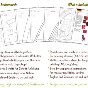 Pu&ograve; includere: Un set di modelli di cucito, taglie XS a XXL, con diagrammi e istruzioni dettagliate. L'immagine include testo in inglese e tedesco, con misure in centimetri. Il modello &egrave; progettato per la stampa domestica.