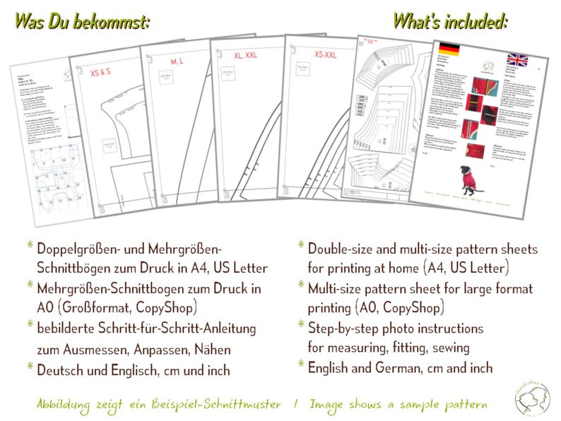 Pu&ograve; includere: Un set di modelli di cucito, taglie XS a XXL, con diagrammi e istruzioni dettagliate. L'immagine include testo in inglese e tedesco, con misure in centimetri. Il modello &egrave; progettato per la stampa domestica.