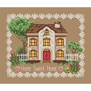 Sweet home cross stitch pattern PDF House embroidery Cottage flower Primitive counted cross stitch