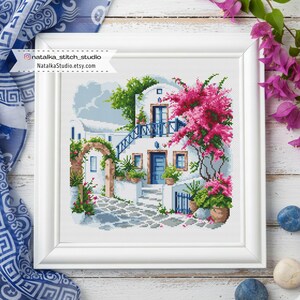 Mediterranean House Cross Stitch Pattern PDF, Greek Santorini Style, Pink Bougainvillea, Coastal Landscape image 4