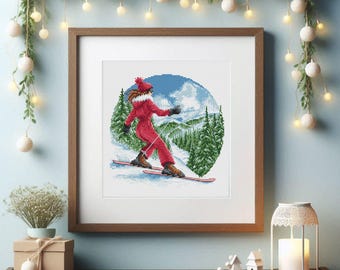 Girl Skiing Cross Stitch Pattern: Winter Sport Embroidery