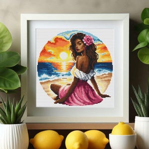 Girl on Beach Sunset Cross Stitch Pattern: Ocean Embroidery (PDF+SAGA)
