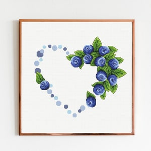 Blueberry Heart Cross Stitch Pattern: Berries Embroidery